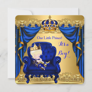 Invitación Baby Shower Boy Little Prince Royal Blue Golden 3