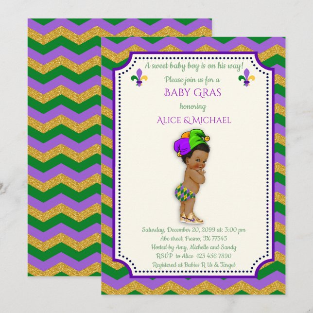 Invitación Baby Shower Boy, Mardi Gras Boy, oro, chevron (Anverso / Reverso)