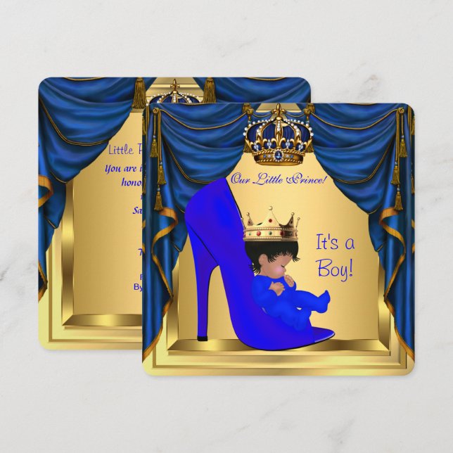 Invitación Baby Shower Boy Prince Royal Blue Shoe Gold (Anverso / Reverso)