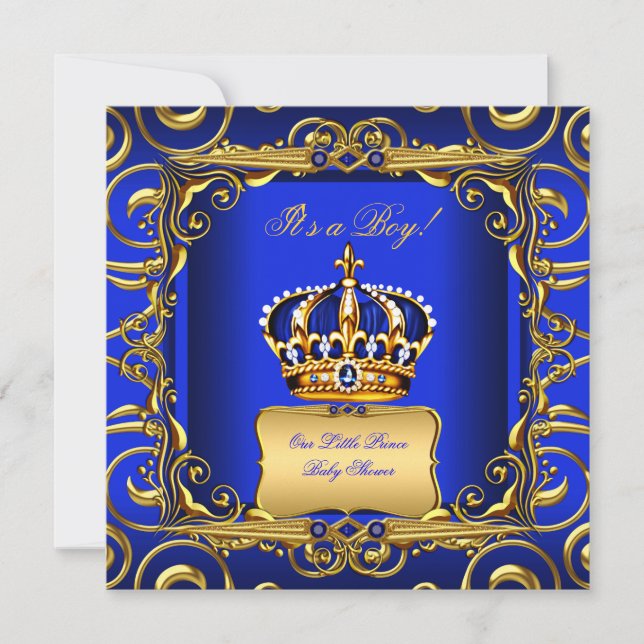 Invitación Baby Shower Boy Royal Blue Damask Gold Crown 2 (Anverso)