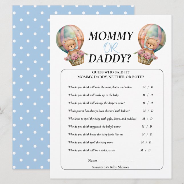 Invitación Baby Shower Boy Teddy Mami Balón Azul (Anverso / Reverso)