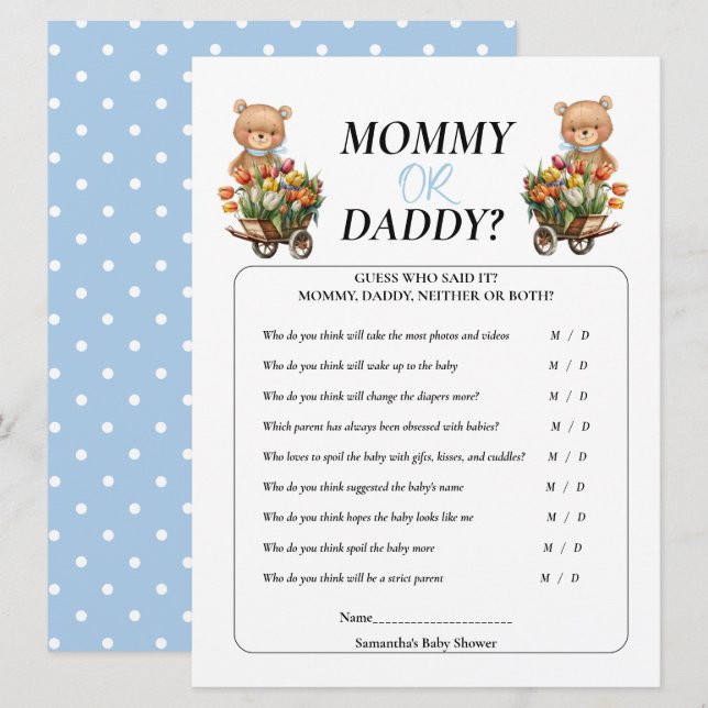 Invitación Baby Shower Boy Teddy Mami Daddy Rustic Floral (Anverso / Reverso)
