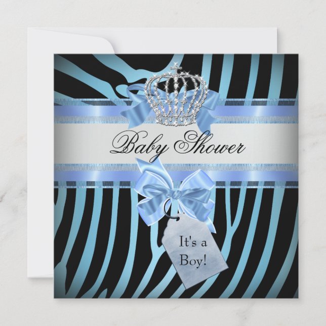 Invitación Baby Shower Boy Zebra Blue Prince Crown Black (Anverso)