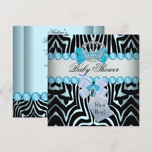 Invitación Baby Shower Boy Zebra Blue Prince Crown Black (Anverso / Reverso)