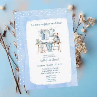Invitación Baby Shower Boys Clothesline Teddy Bear