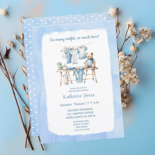 Invitación Baby Shower Boys Clothesline Teddy Bear (Subido por el creador)