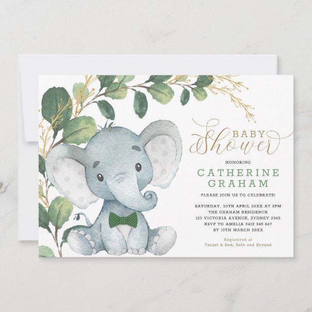 Invitación Baby Shower Boys Elephant Greenery Gold Garden (Anverso)