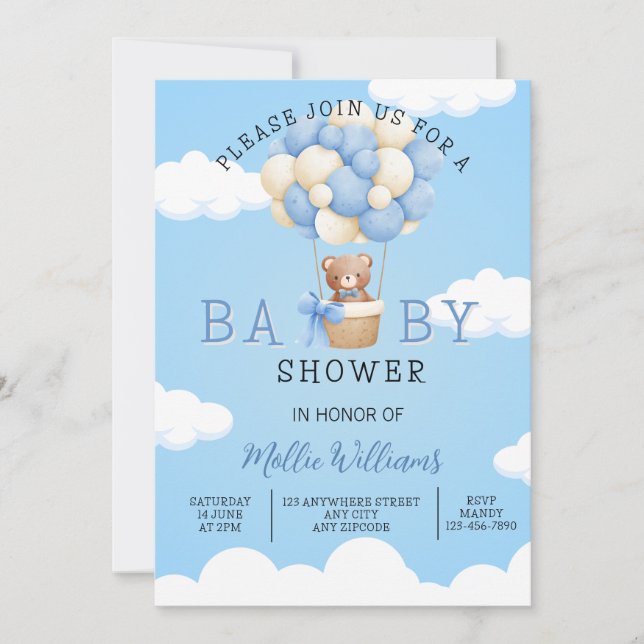 Invitación Baby Shower Boys Teddy Bear Globo de aire caliente (Anverso)