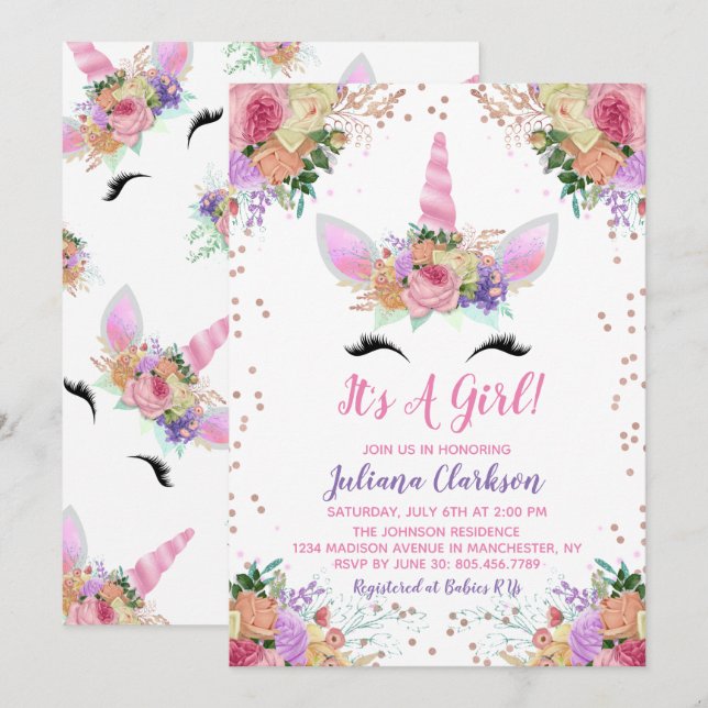 Invitación Baby Shower Bright Floral Unicorn (Anverso / Reverso)