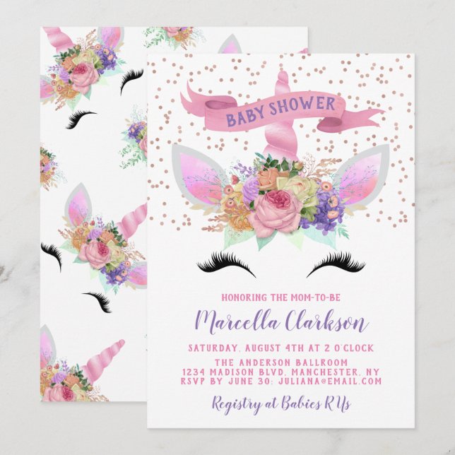 Invitación Baby Shower Bright Floral Unicorn (Anverso / Reverso)