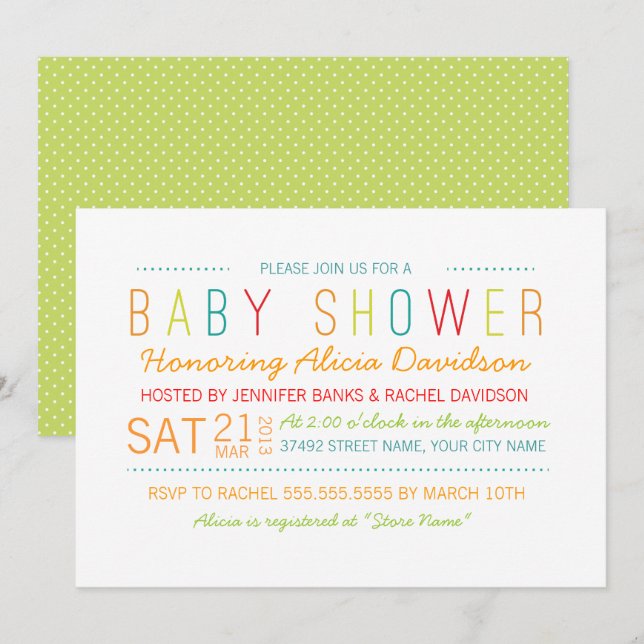 Invitación Baby Shower brillante y colorida (Anverso / Reverso)