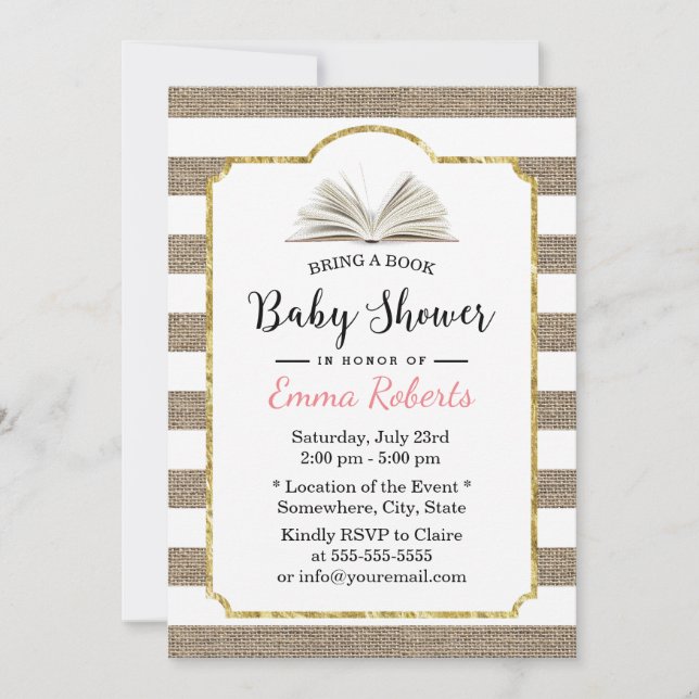 Invitación Baby Shower Bring a Book Request Burlap Stripes (Anverso)