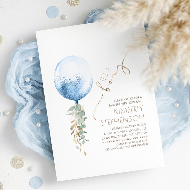 Invitación Baby Shower Brown Sage Green and Blue Boy (Whimsical Cute Light Blue Balloon and Gold Baby Boy Baby Shower Invitation)
