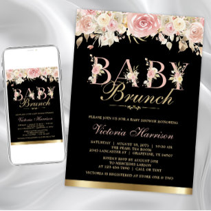 Invitación Baby Shower Brunch, Chica floral de oro negro rosa