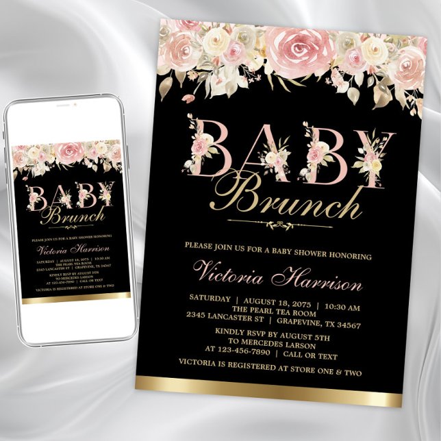 Invitación Baby Shower Brunch, Chica floral de oro negro rosa (Baby brunch baby shower invitation. Instant download and printed invitations available.)
