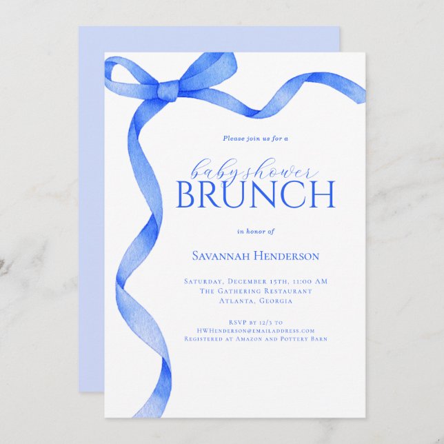 Invitación Baby Shower Brunch de cinta de vaca azul de zafiro (Anverso / Reverso)