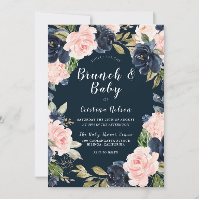 Invitación Baby Shower Brunch de floral de marina y Rubor (Anverso)