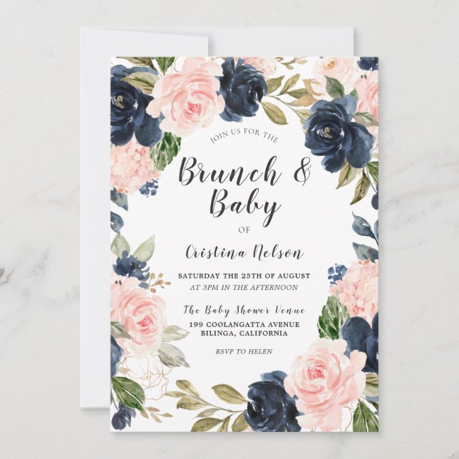 Invitación Baby Shower Brunch de Rubor Pink & Navy Floral Wre (Anverso)