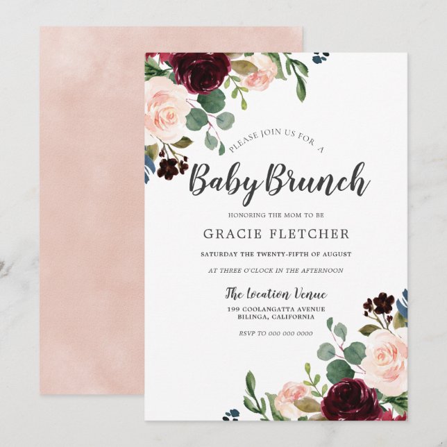 Invitación Baby Shower Brunch Rubor & Burgundy Flowers (Anverso / Reverso)