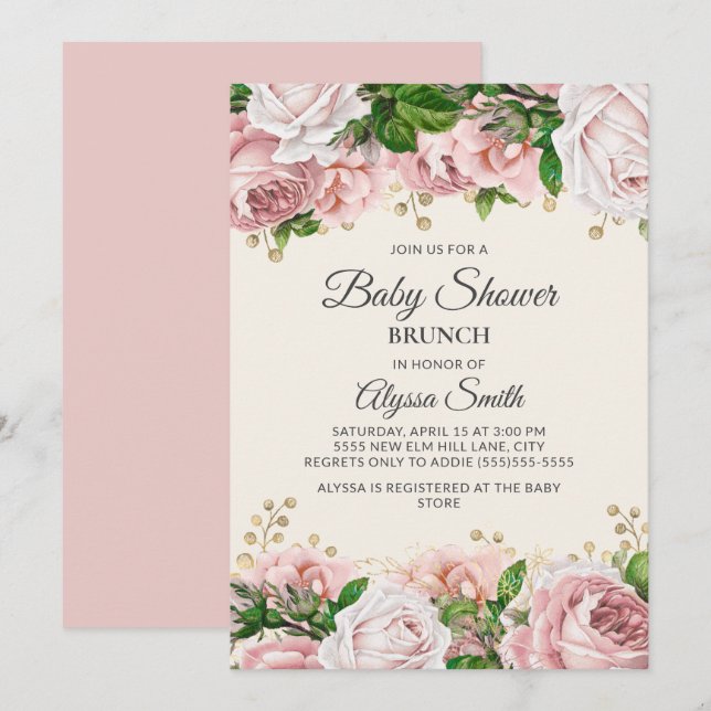 Invitación Baby Shower Brunch Rubor Pink Gold Floral