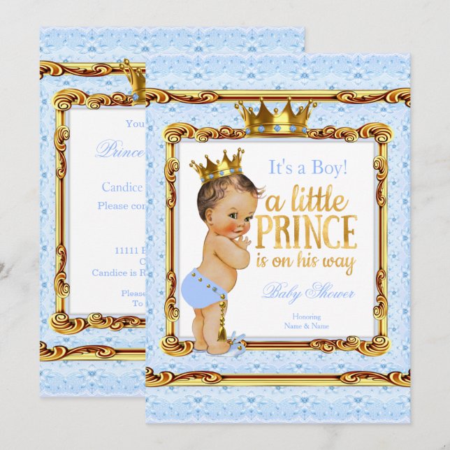 Invitación Baby Shower Brunette de Light Blue Gold White Prin (Anverso / Reverso)