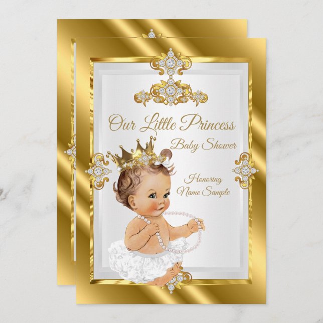 Invitación Baby Shower Brunette Gold White Princess (Anverso / Reverso)