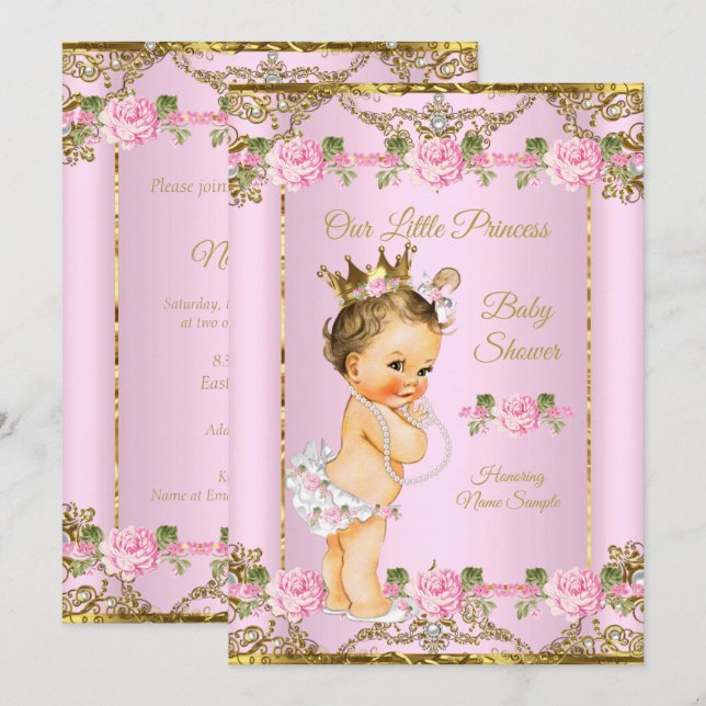 Invitación Baby Shower Brunette, Princesa Blanca de Oro Rosad (Anverso / Reverso)