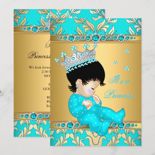 Invitación Baby Shower Brunette, Princesa de la Perla de Oro  (Anverso / Reverso)