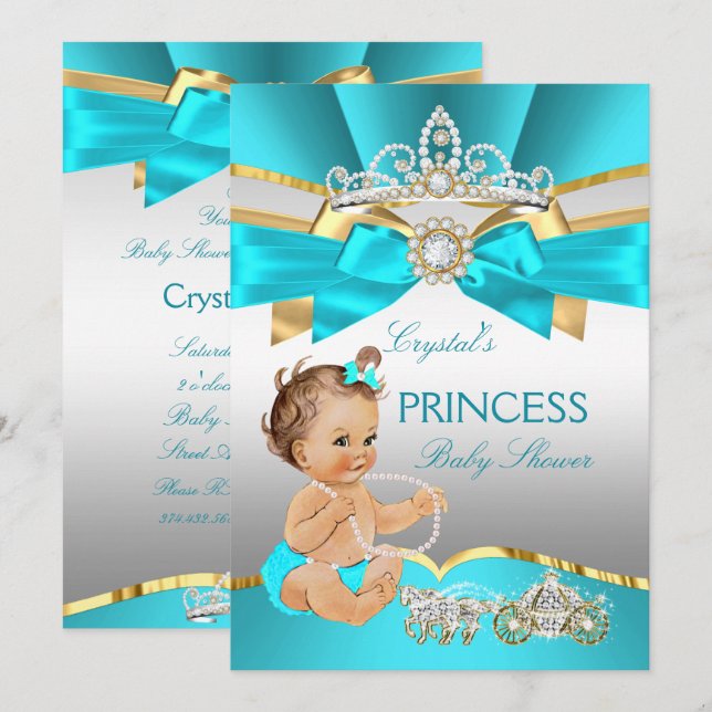 Invitación Baby Shower Brunette, Princesa de oro azul verde a (Anverso / Reverso)