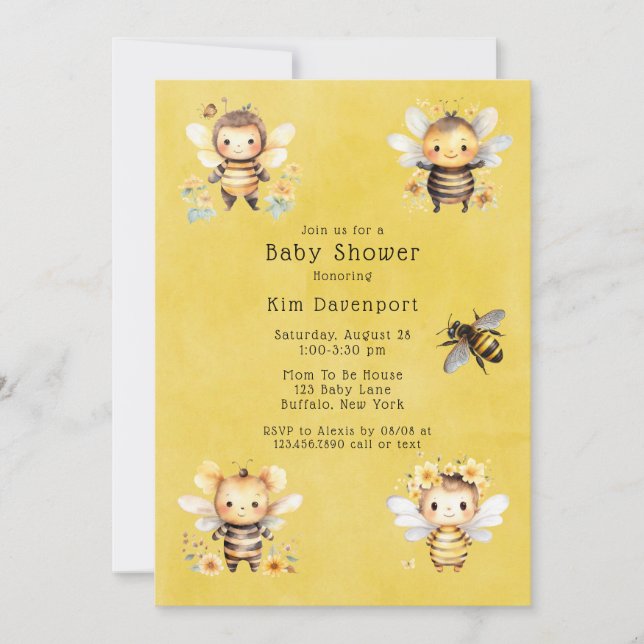 Invitación Baby Shower Bumble Bee Florals (Anverso)