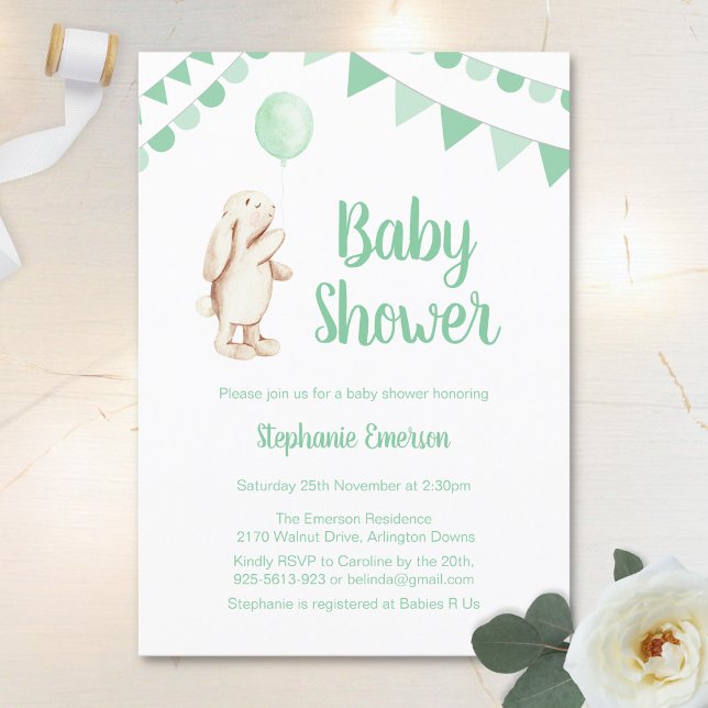 Invitación Baby Shower Bunny & Balloon Green (Subido por el creador)