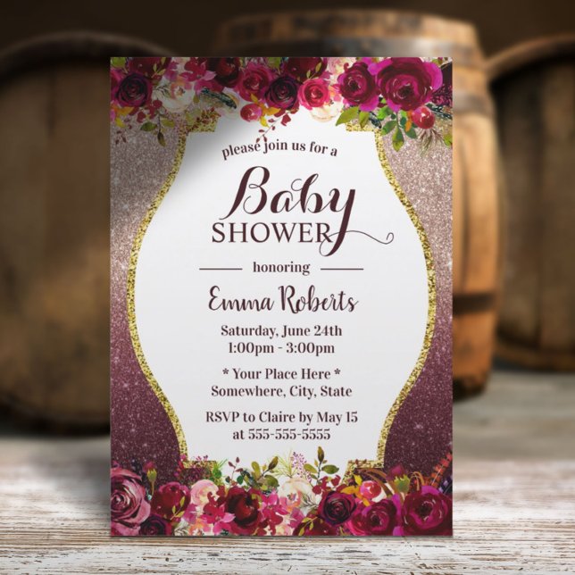 Invitación Baby Shower Burgundy Floral Moderno Rosa Gold (Subido por el creador)