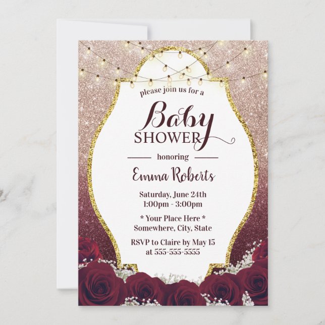 Invitación Baby Shower Burgundy Rosa Floral Rosa Gold Ombre (Anverso)