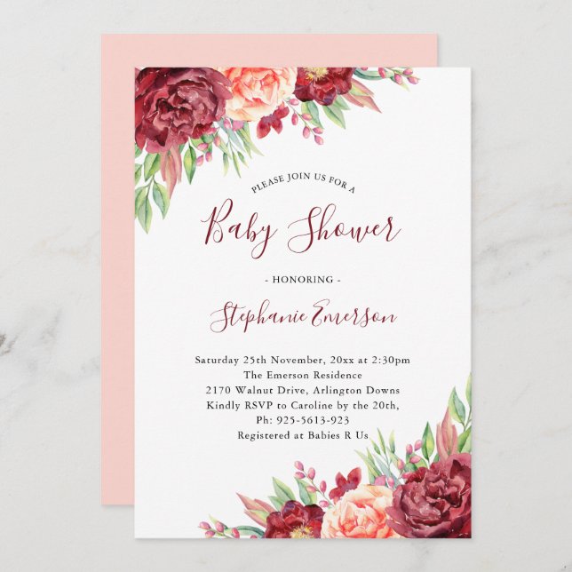 Invitación Baby Shower Burgundy Rubor Floral (Anverso / Reverso)