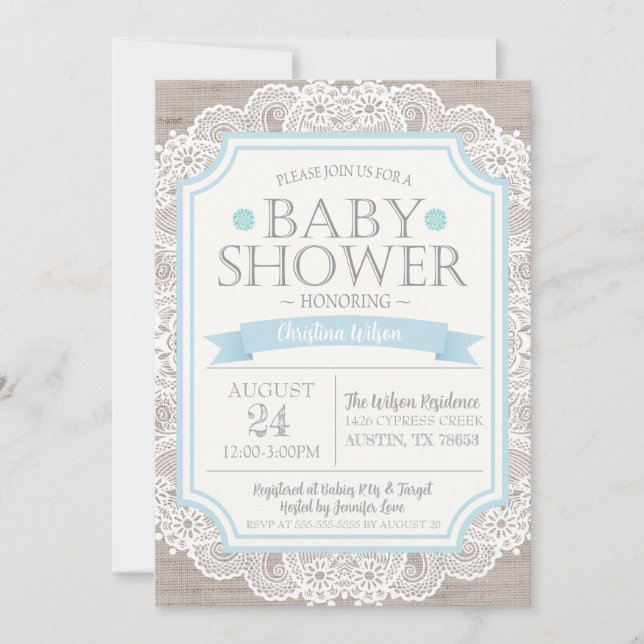 Invitación Baby Shower Burlap Blue & Lace (Anverso)