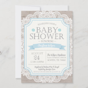 Invitación Baby Shower Burlap Blue & Lace