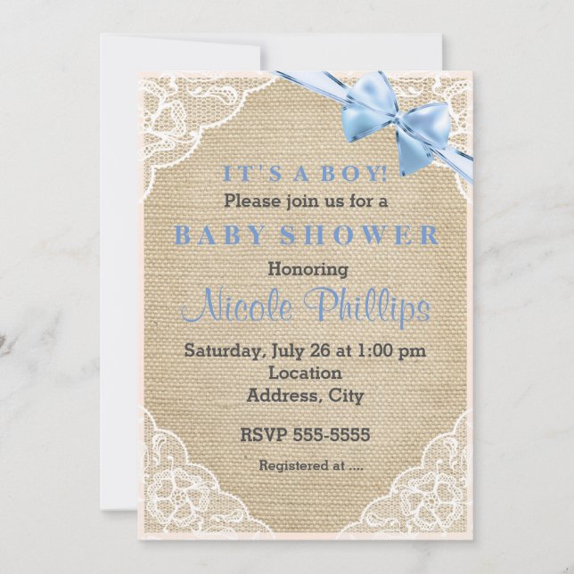 Invitación Baby Shower Burlap Lace & Blue Bow (Anverso)