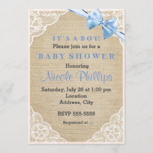 Invitación Baby Shower Burlap Lace & Blue Bow