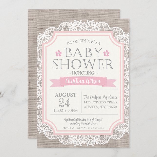 Invitación Baby Shower Burlap Pink & Lace (Anverso / Reverso)