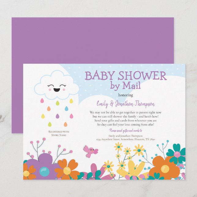 Invitación Baby Shower By Mail Cloud Raindrop Florals (Anverso / Reverso)