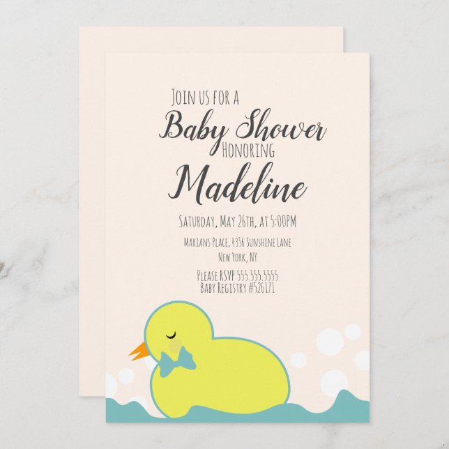 Invitación Baby Shower cálido y moderno de duck de caucho ama (Anverso / Reverso)