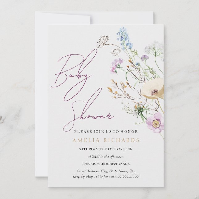 Invitación Baby Shower Caprichosas Flores Silvestres (Anverso)