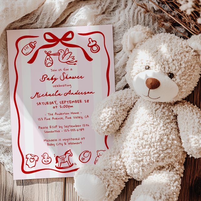 Invitación Baby Shower caprichoso de garras rojas y rosadas (Subido por el creador)