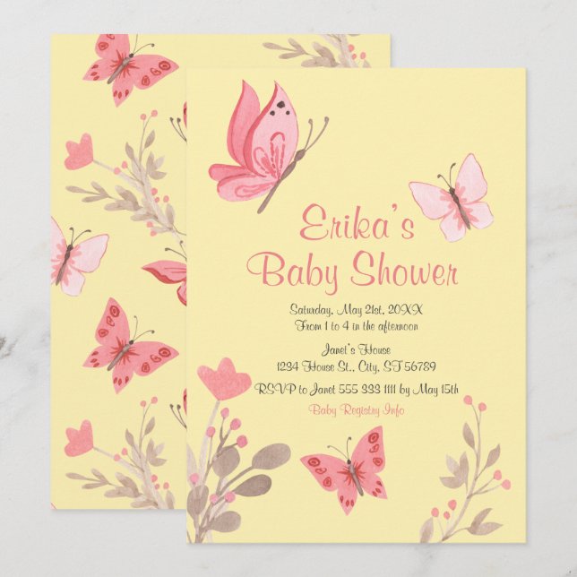 Invitación Baby Shower Casual Yellow Pink Floral Butterflies (Anverso / Reverso)