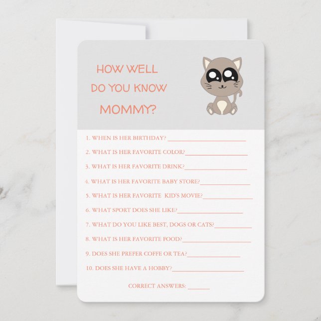Invitación Baby Shower cat, ¿Qué tan bien conoces a mamá? (Anverso)