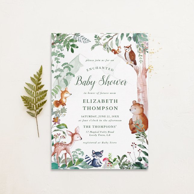 Invitación Baby Shower cautivante neutro de bosque de bosques (woodland baby shower invitation neutral enchanted forest bear fox deer magical woods fairy tale)