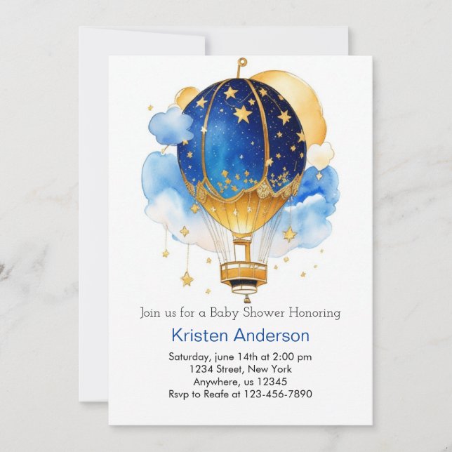 Invitación Baby Shower Celestial Balloon Whimsical Boy (Anverso)