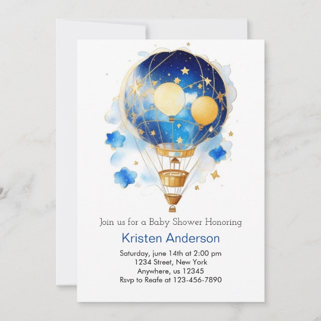 Invitación Baby Shower Celestial Blue Hot Air Balloon Boy (Anverso)