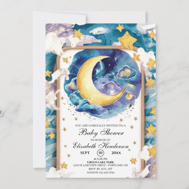 Invitación Baby Shower Celestial Brillante De La Luna (Anverso)