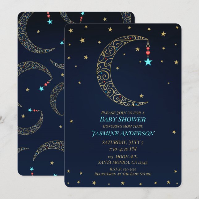 Invitación Baby Shower Celestial de Blue Gold Filigree Moon (Anverso / Reverso)